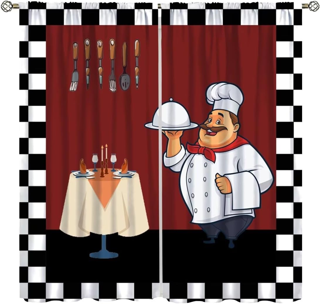 Home Cooking Youtube - Fat Chef Küchengardinen, Cartoon-Koch, schwarz-weiß kariert,